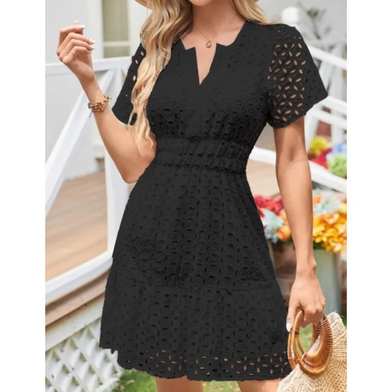 فساتين نسائية صغيرة على الموضة فستان دانتيل عتيق برقبة على شكل V وأكمام قصيرة وخصر مكشكش فساتين نادي حفلات الشاطئ #2