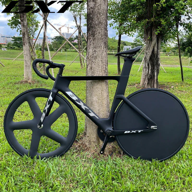 BXT Bike Track Complete Bicycle Carbon Fiber Fixed Gear Bicycle 53T Single Chainring Carbon Track Bike Closed Wheel Time