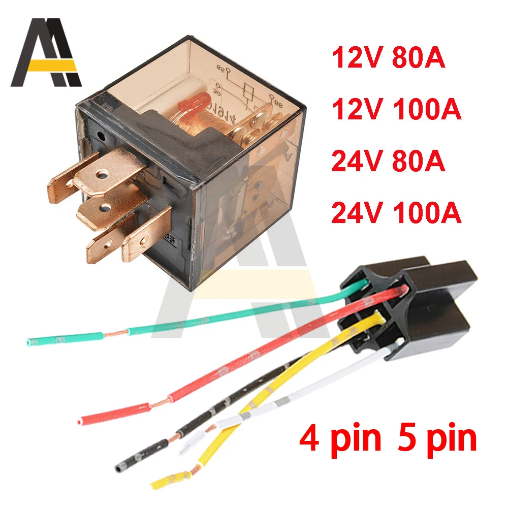 Waterproof Automotive Relay 12V 24V 80A 100A 4/5Pin SPDT Control Device Car Relays DC 24V High Capacity Switching with socket