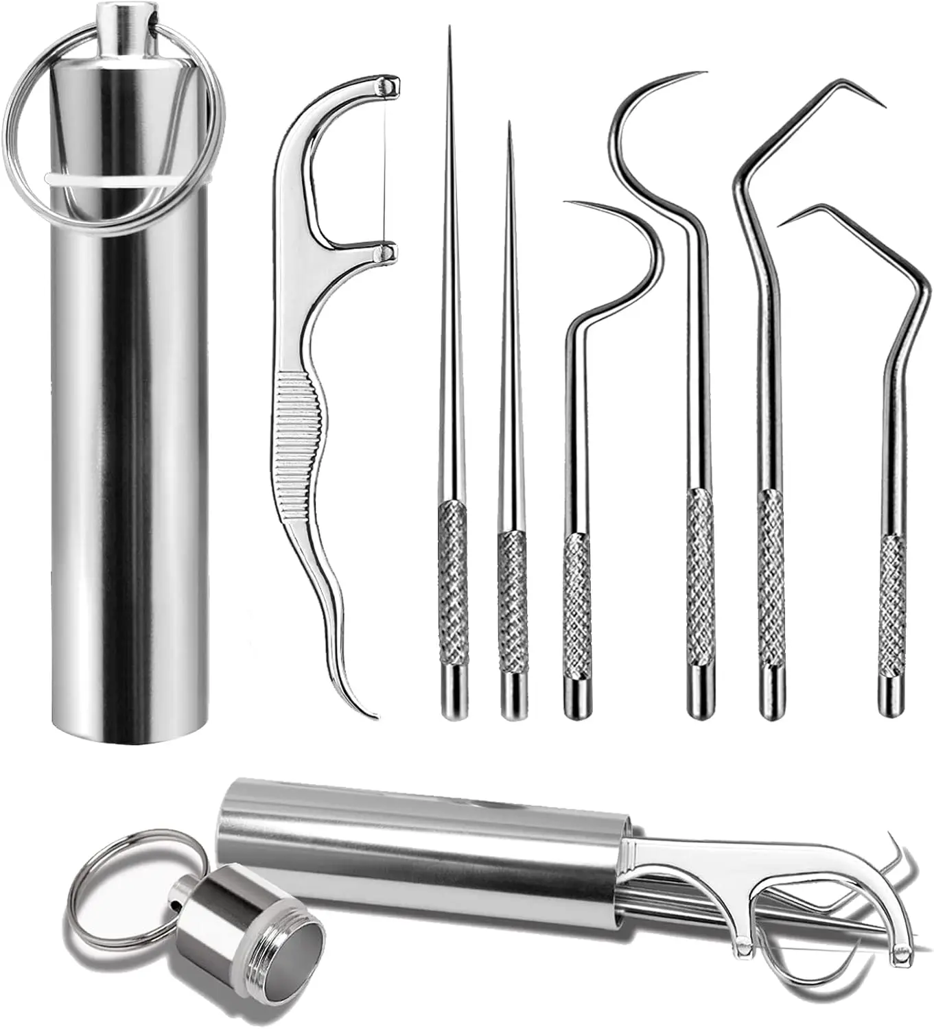 

7-Piece Stainless Steel Toothpick Set with Holder, Portable Cleaning Kit for Travel Camping Picnic