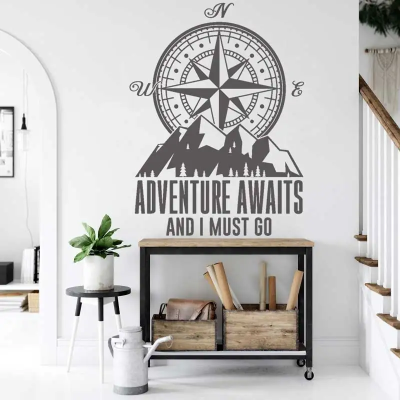 

Adventure Waiting Compass Vinyl Wall Decals Inspirational Slogans Stickers Murals Home Living Room Office Car RV Decals Decor