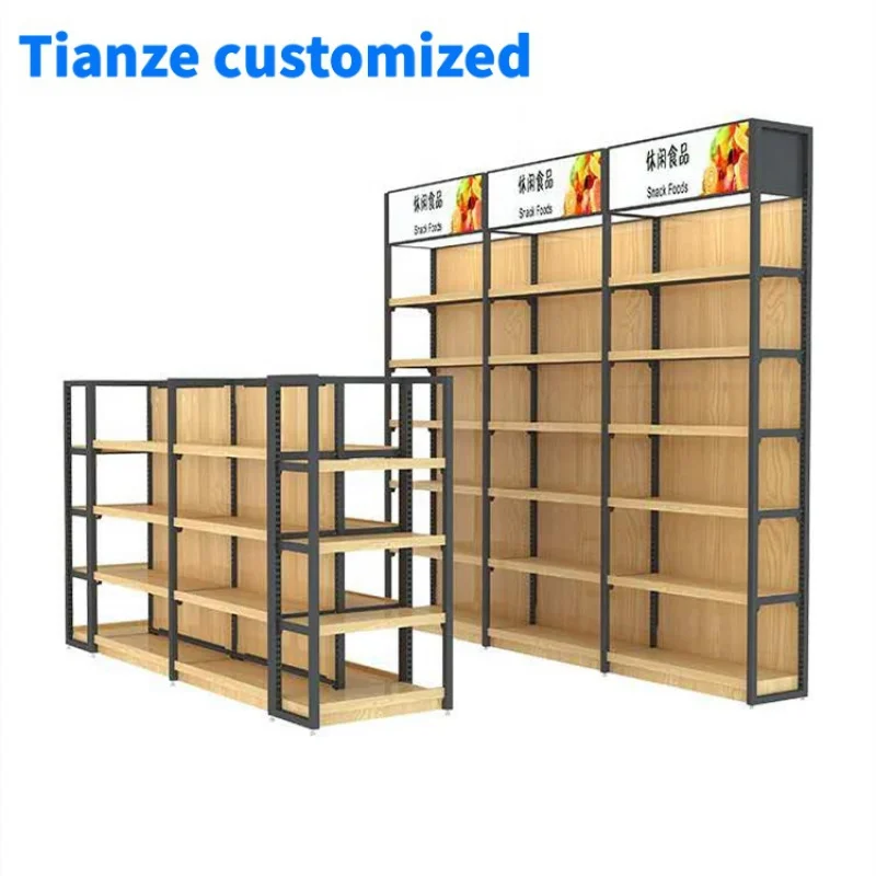 

（customized）High Quality Grocery Store Shelves Wooden Gondola Shelves with Lightbox Retail Shop Wall Shelf