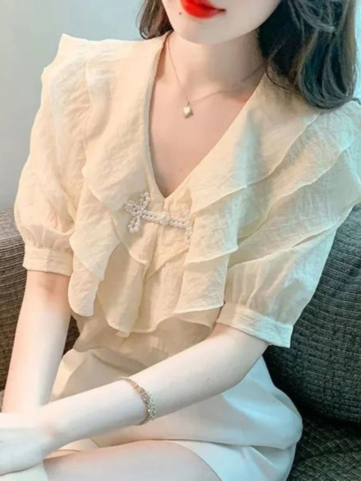 優しい風のレーストリムシフォンシャツ-レディース-夏-ルーズ半袖トップス-多用途ツーピースセット-おしゃれカジュアルウェア