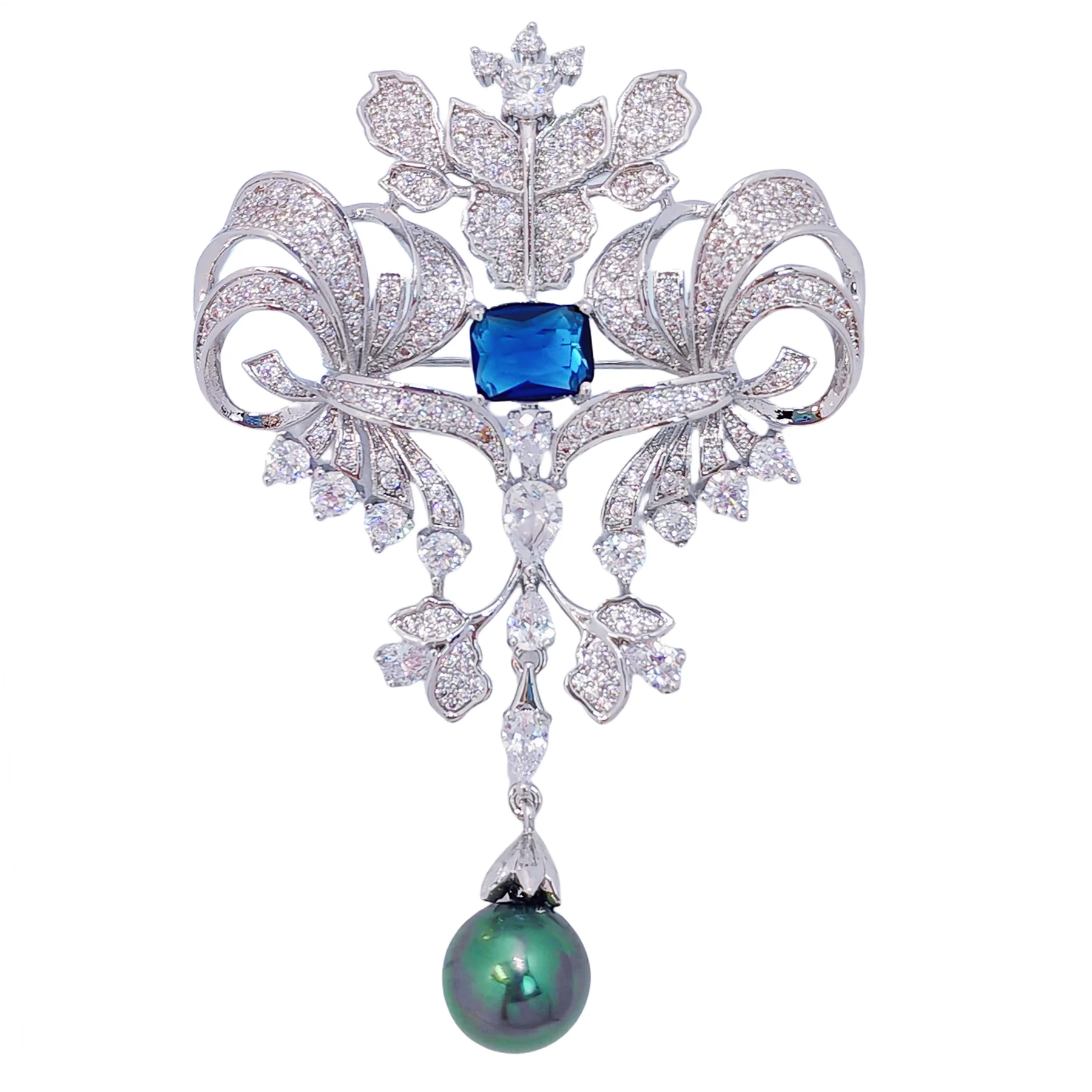 

Royal Scroll Blue and White CZ Brooch with Black Pearl Drop