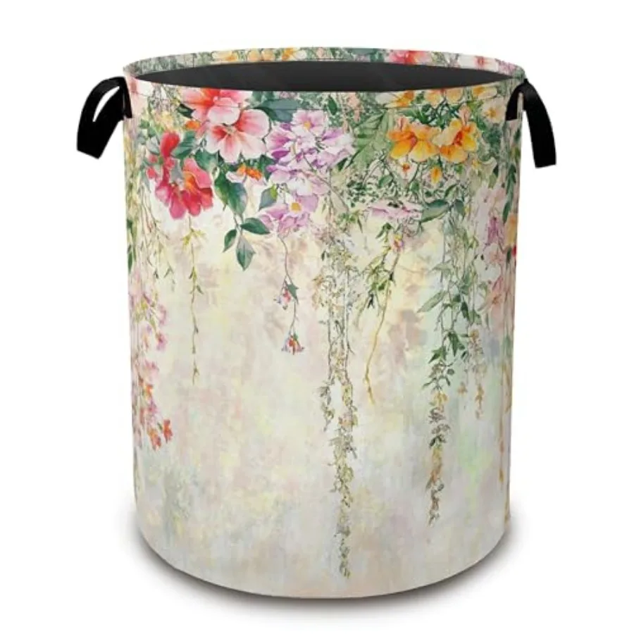 

Abstract Colorful Flowers Laundry Basket, Watercolor Painting Collapsible Laundry Baskets with Handles, Waterproof Oxford Cloth