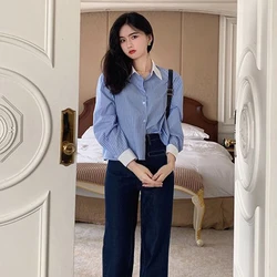 Korean Striped Women Shirts Autumn Sweet Patchwork Long Sleeve Female Casual Blouse Fashion New Office Chic Ladies Crop Tops