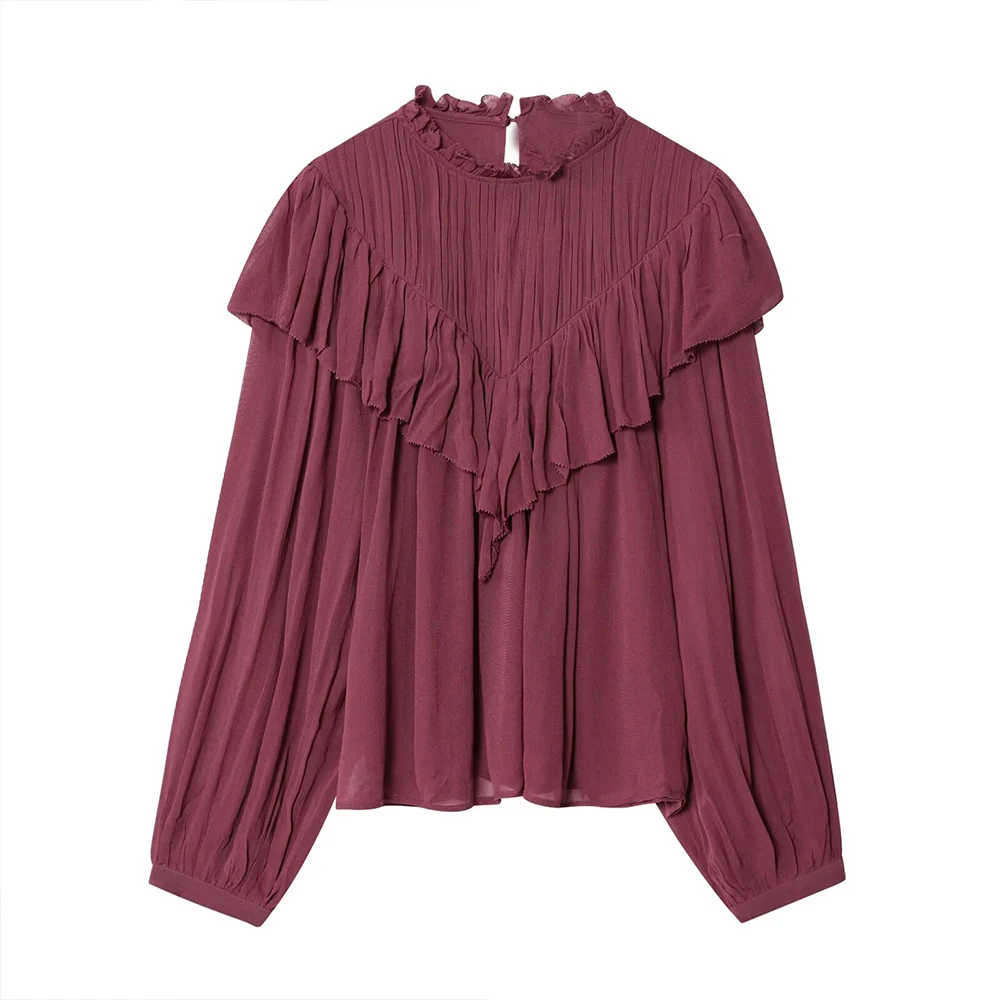 

Women's 2025 new fashion ruffle edge decoration stand collar chiffon shirt retro long sleeved women's shirt chic top