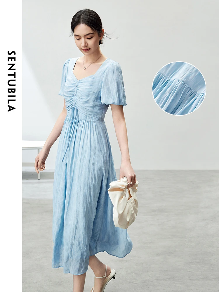 SENTUBILA A-line Holiday Dresses for Women 2024 Summer Diamond Collar Puff Sleeve Lace-up Folds Solid Women Dress 142L54156