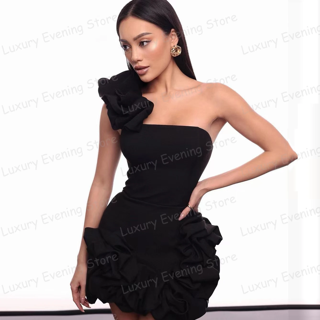 

Fashion Black Evening Dresses Women's Short Mermaid One Shoulder Strapless Prom Gowns Sleeveless Party Graduation Vestidos Noche