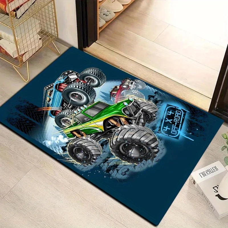 1pc Monster Truck Pattern Fleece Bath Rug | Soft And Comfortable Floor Decor For Office, Home, Living Room, Bedroom, Kitchen, Ba