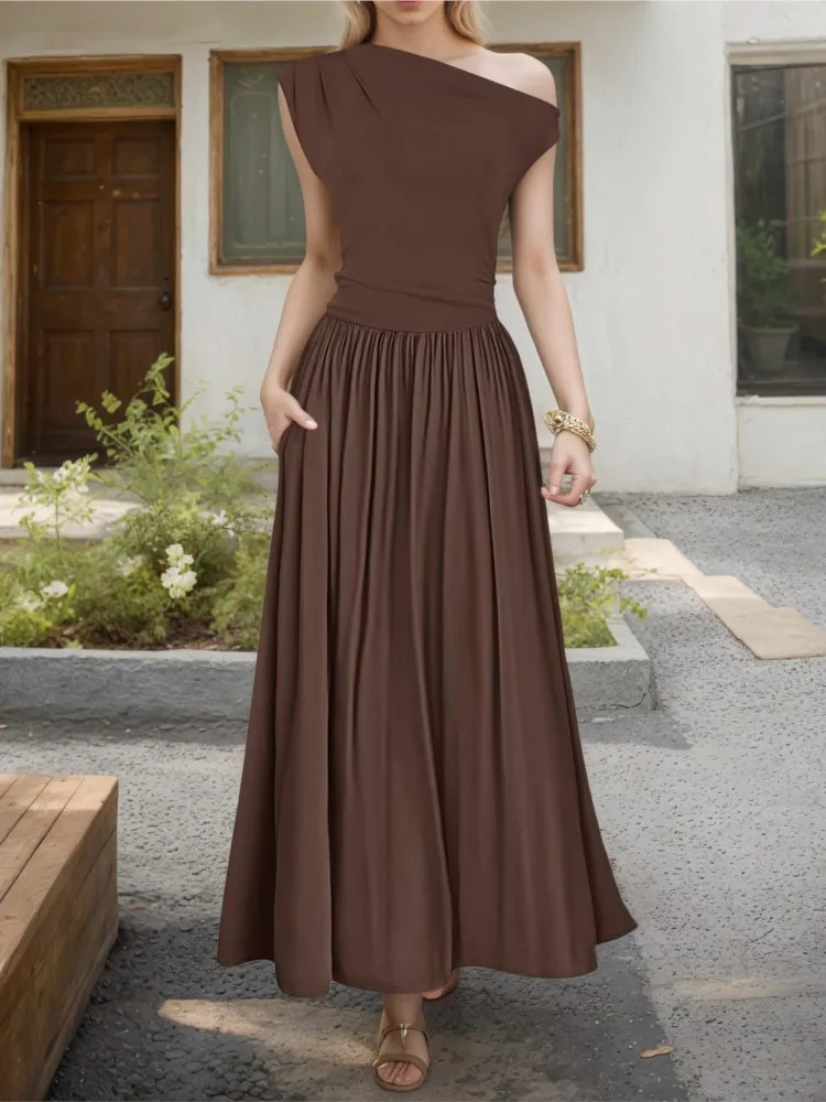 

Slim Dress Dresses 2025 Woman Vestido Women's Clothing Temperament Elegant Simple Style Sloping Shoulders Solid Color Party Prom