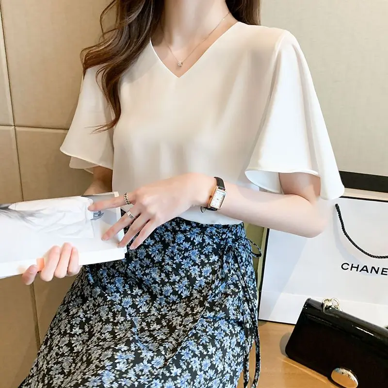Fashion V-Neck Solid Color Butterfly Sleeve Blouse Female Clothing 2024 Summer New Loose Casual Tops Office Lady Shirt