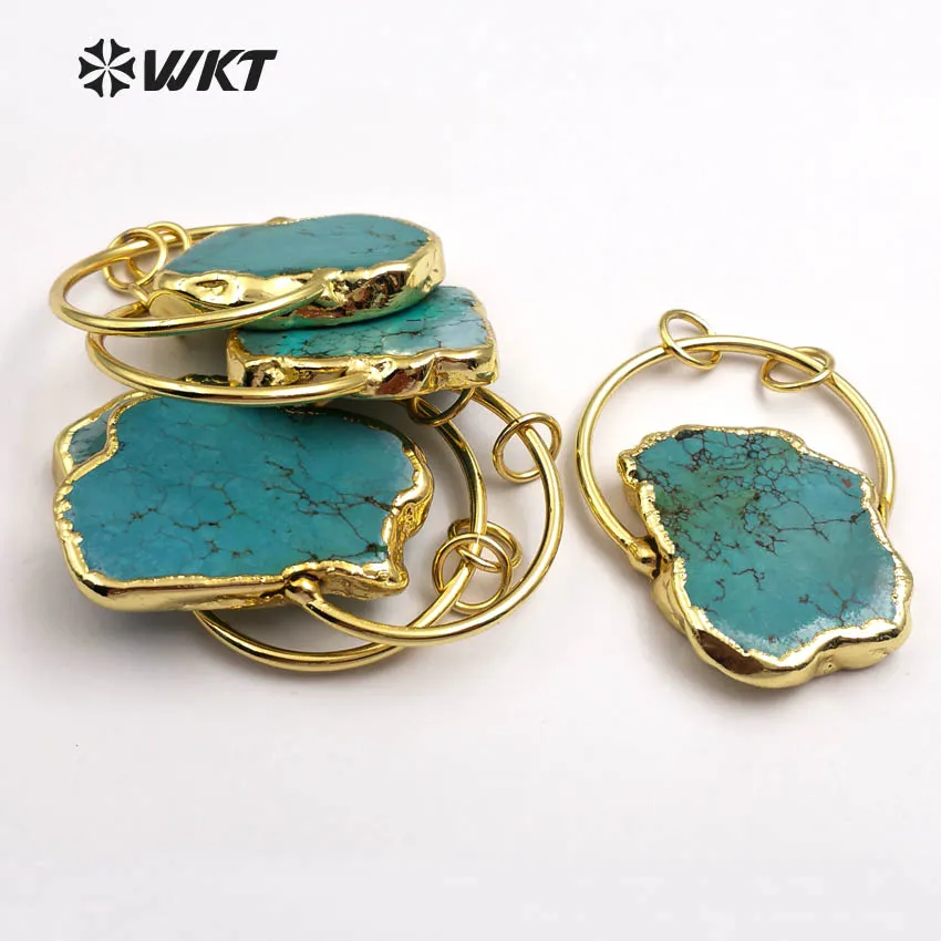 WT-P1372 Vintage Design Sky Blue Natural Stone With Half Circle And Double Tiny Loops Gold Trim Pendant For Jewelry Making