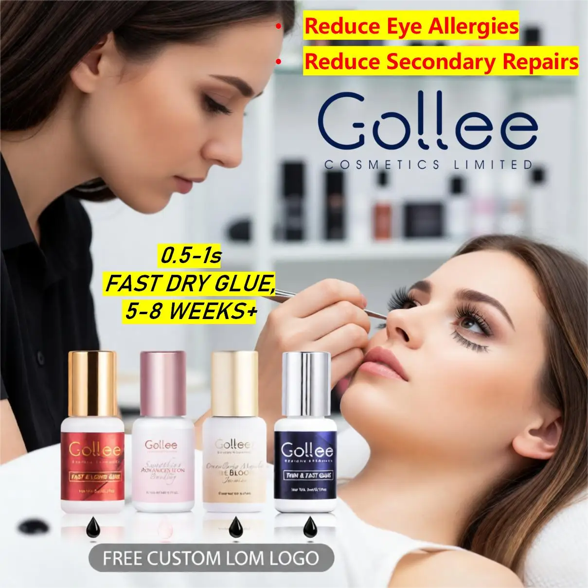 Gollee 0.5-1s cola de extensão de cílios de secagem rápida super bonder 5-8 semanas de duração forte sem irritação acelerador cola lash suprimentos