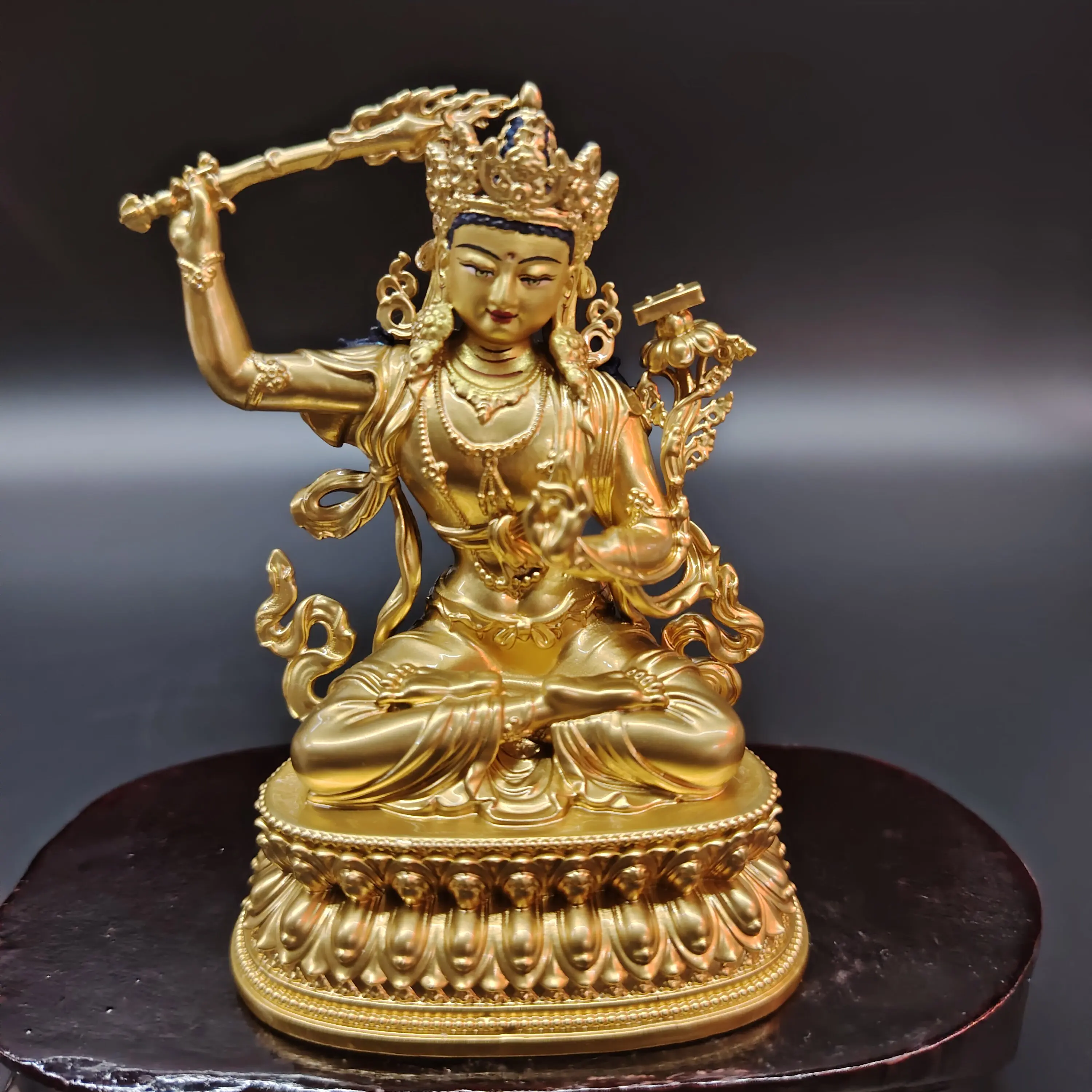 Gilded Painted Copper Two-Arm Manjushri with Wisdom Sword Statue 10cm Vajrayana Altar Home Blessing