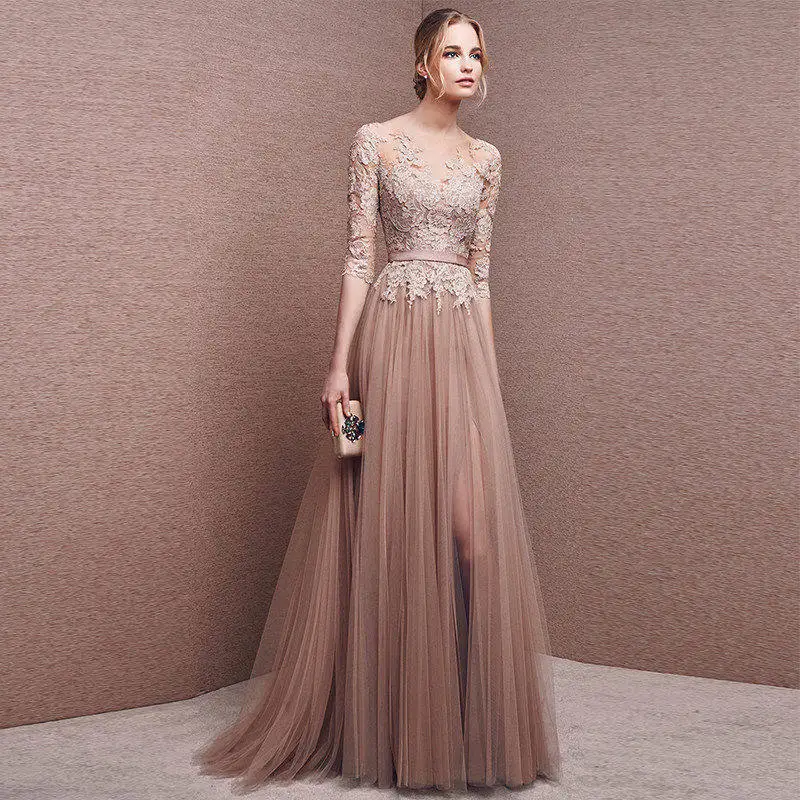 Elegant Pink Navy Blue Tulle Long Bridesmaid Dresses Lace Applique Half Sleeve High Split Wedding Guest Evening Party Prom Gowns