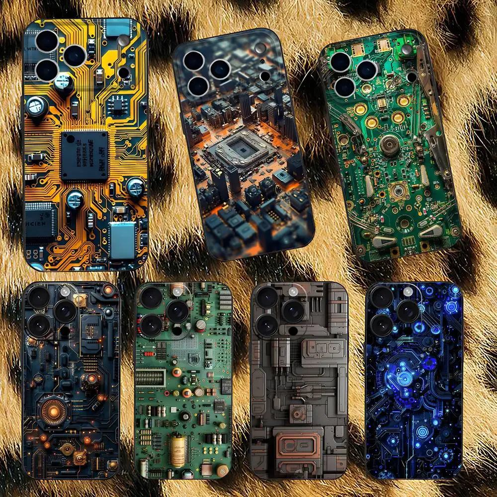 Circuit Board Phone Case For iPhone 17,16,15,14,13,12,11,Pro,XS,Max,XR,Plus,E,SE4,Mini Black Soft Cover