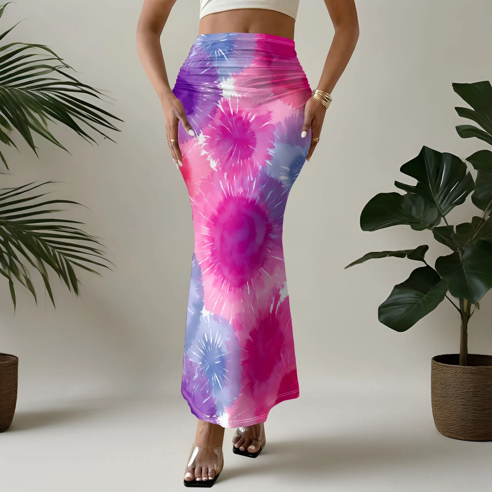 Tie Dye Maxi Skirt, Boho Mermaid Hem Bottoms, High Waisted Summer Beach Wear For Women, S-3XL