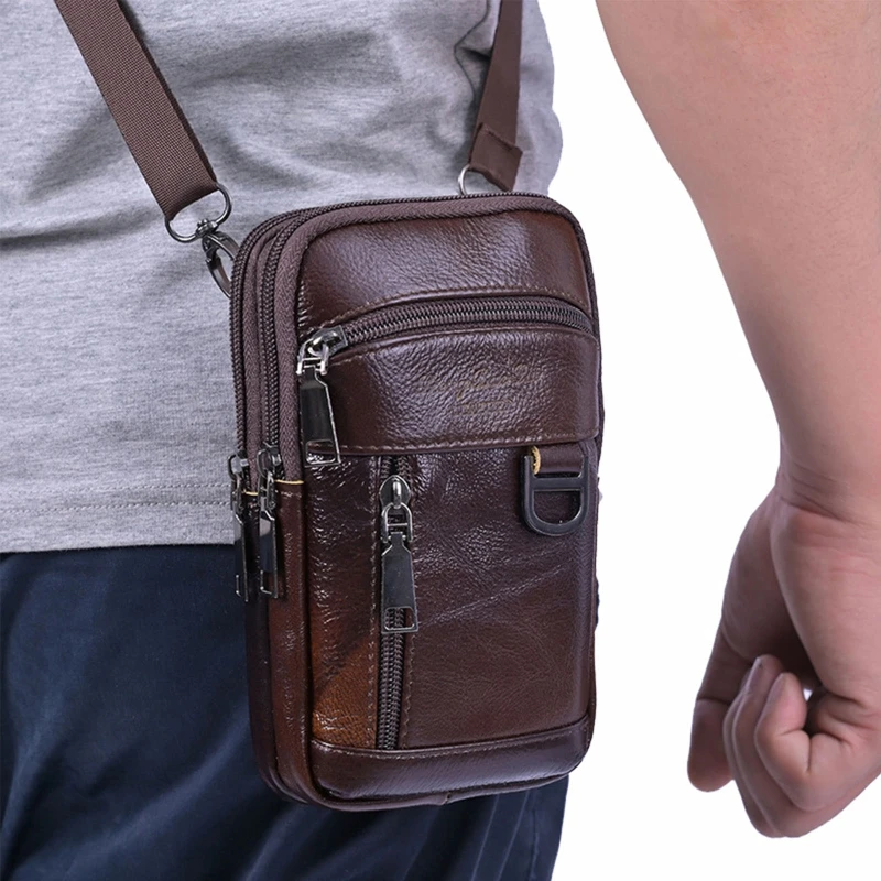 Mens Leather Cell Phone Holster Small Shoulder Bag Crossbody Wasit Bags E74B