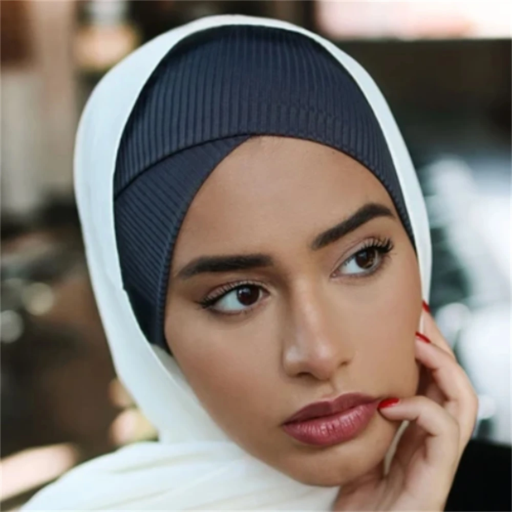 Ramadan Ribbed Hijab Undercap Instant Head Cover Cross Bonnet Hijabs for Women Muslim Turbans Inner Cap Turbante Woman Band 2024