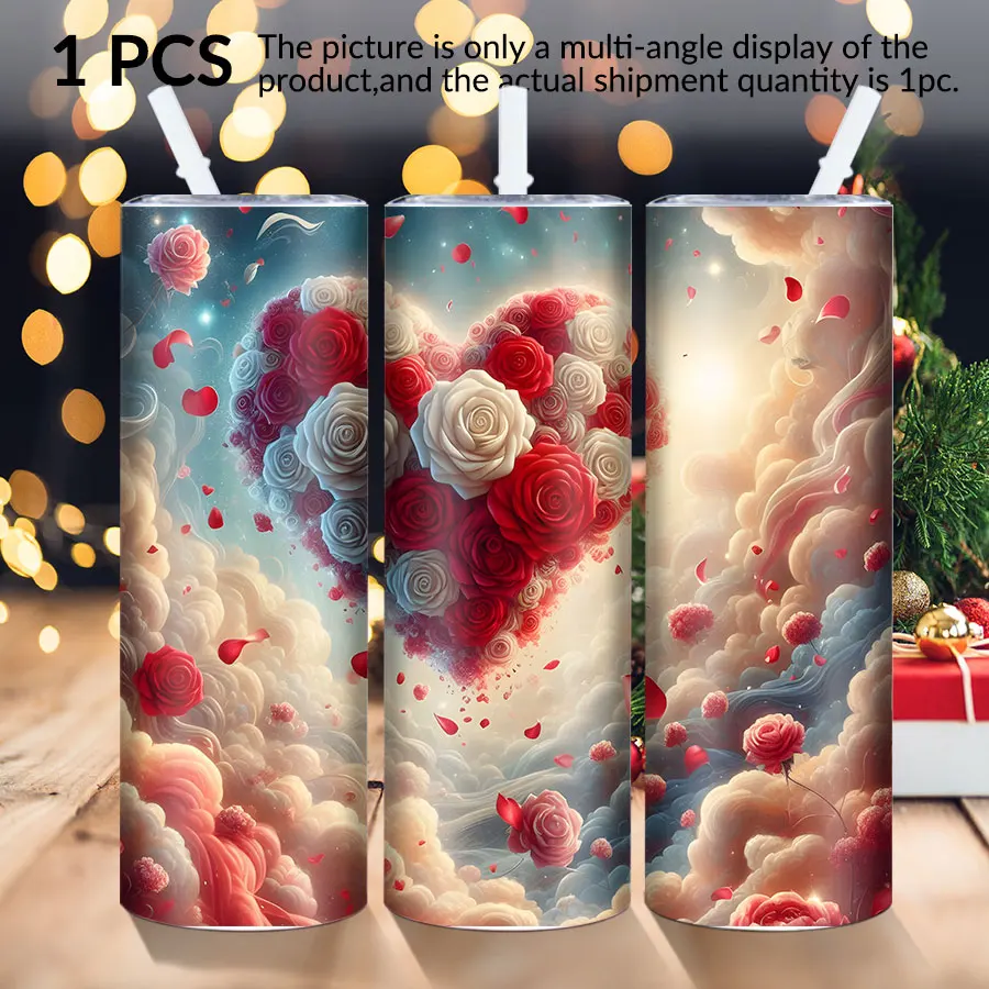 1pc 20Oz stainless steel flat glass with lid and straw rose clouds love elements suitable for Christmas and Halloween as a gift.
