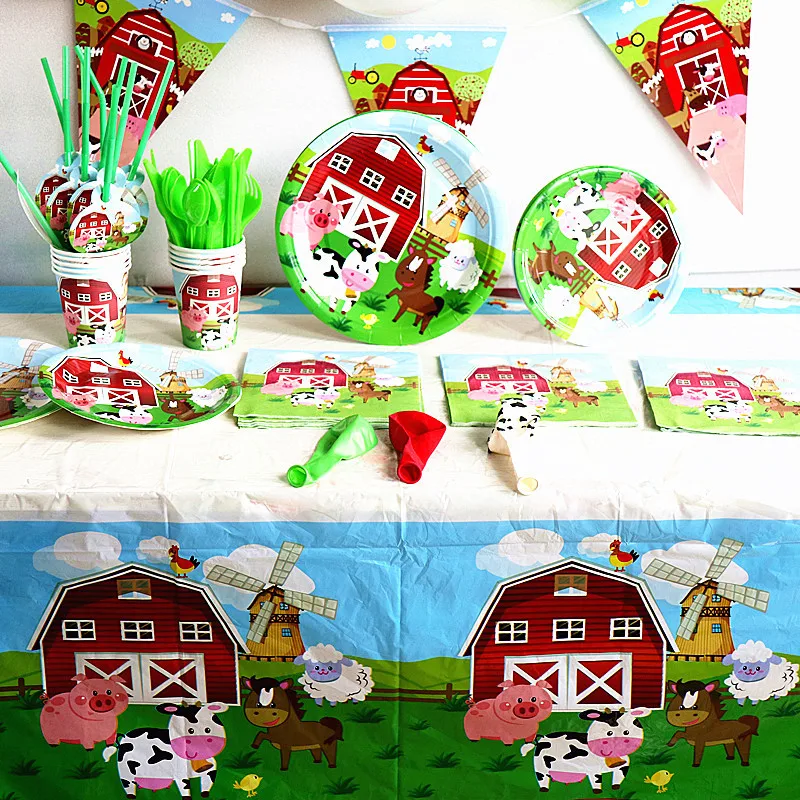 

Farm Animals Theme Party Supplies Paper Plate Cup Napkin Invitation Ceiling Straws Bags Topper Banner Balloon Party Decoration