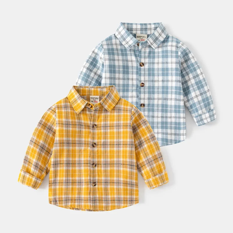 Toddler School Boys Blouses Long Sleeve Plaid Shirt  Yellow & Blue Checkered Shirts Kids Casual Button-Down Tops for Spring Fall