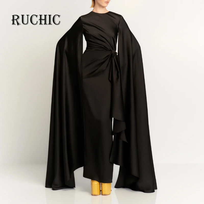 

RuChic 2024 Summer New Women's Elegant Dress O-neck Pleated Solid Color High Waist Customized Evening Dresses Fashion