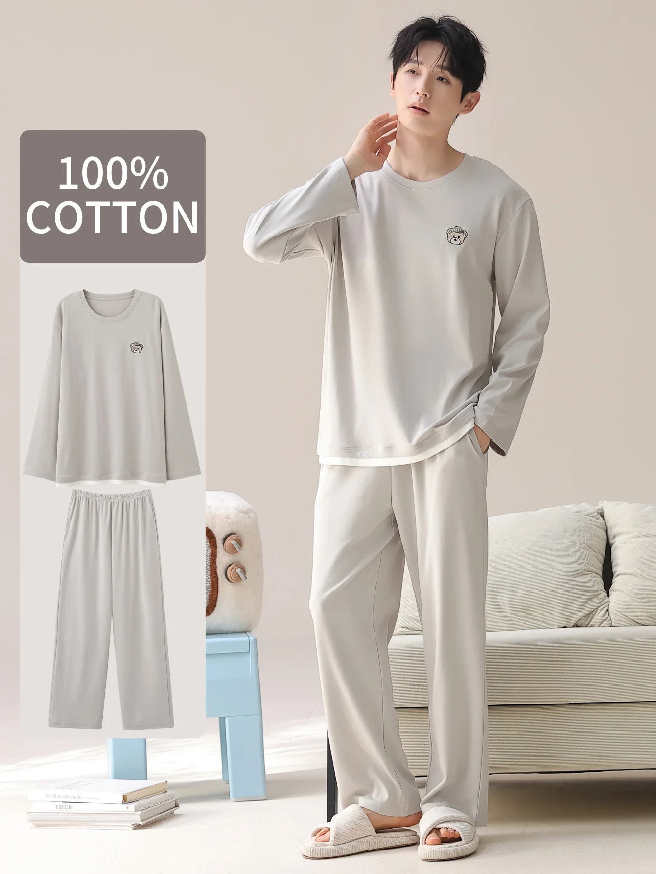 

Men's 100% cotton long sleeved four season plus size men's sleepwear, teenage pure cotton home suit set for warmth