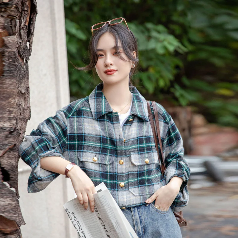 BOWEYLUN جديد خمر المطحونة الأزرق منقوشة قميص طويل الأكمام المرأة الربيع والخريف فضفاض مكدسة بلوزة بلايز الإناث