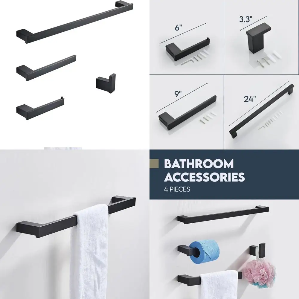 

Stainless Steel Modern Bathroom Hardware Set - 4 Piece Wall Mounted Black Towel Bar Accessories
