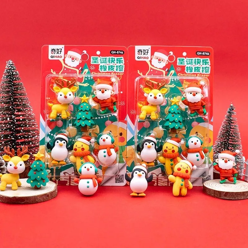 24 Cards New Christmas Eraser 3d Stereo Santa Claus Snowman Eraser Student Stationery Christmas Gift Wholesale