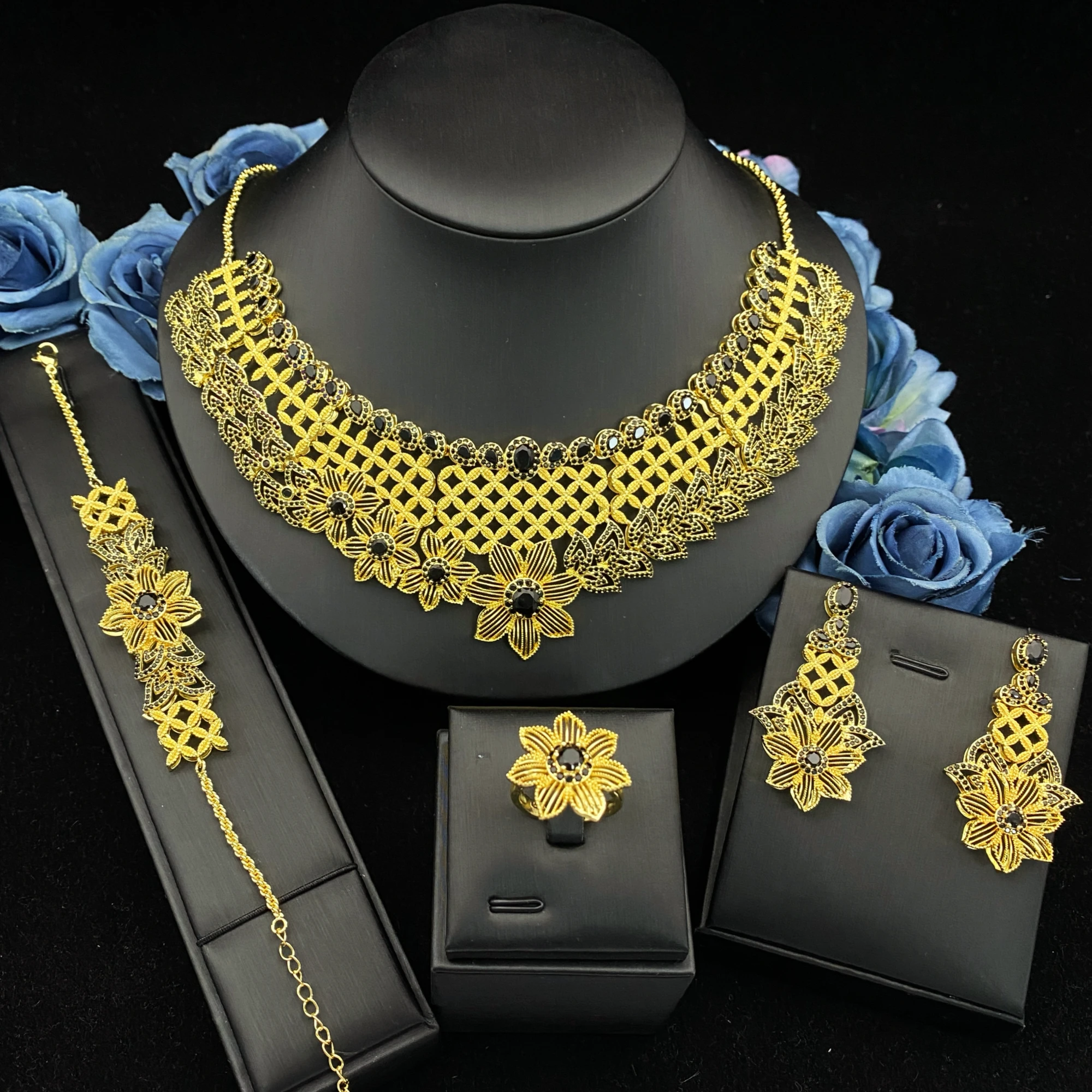 

JRH Women's Zircon Jewelry Set Precise Flower Shaped Design Gold Plated Perfect Anniversary Gift Bracelet Ring Necklace Earrings