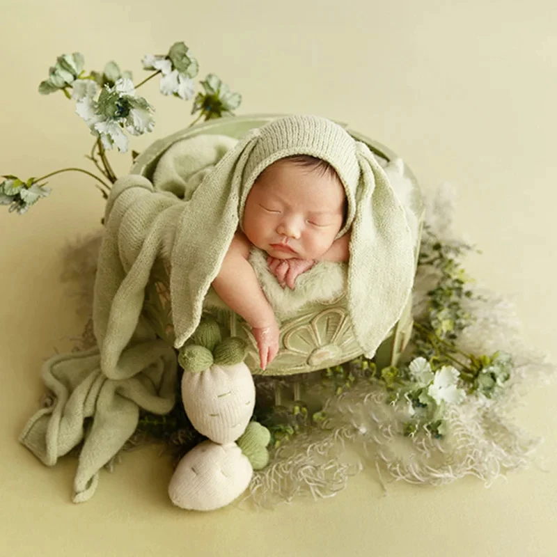 Accessoires de photographie de bébé de style frais vert, bande de sauna réglable, couverture de lapin doux, fond de studio, accessoires de prise de vue photo