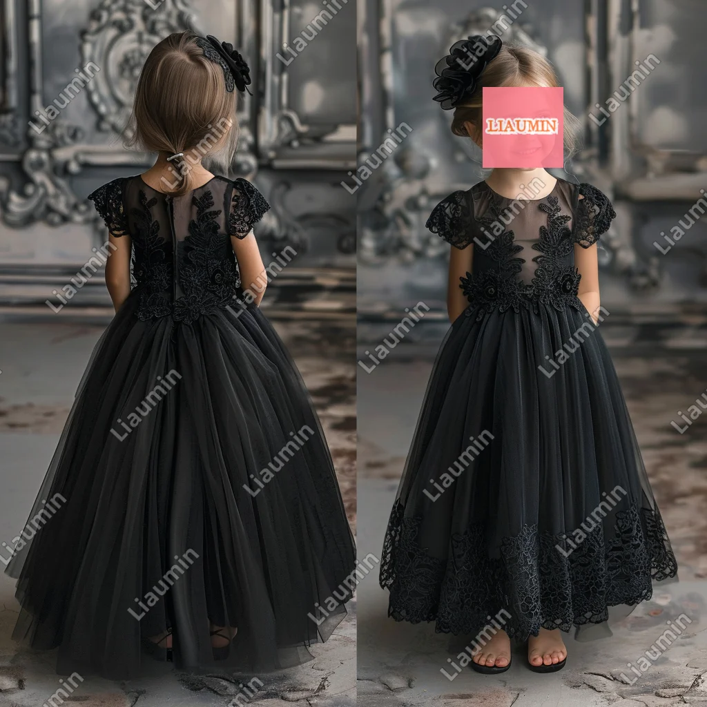 

Custom Black Flower Girl Dresses Short Sleeve Tulle Princess Lace Applique First Communion Formal Pageant SKirt Kids W17-4.1