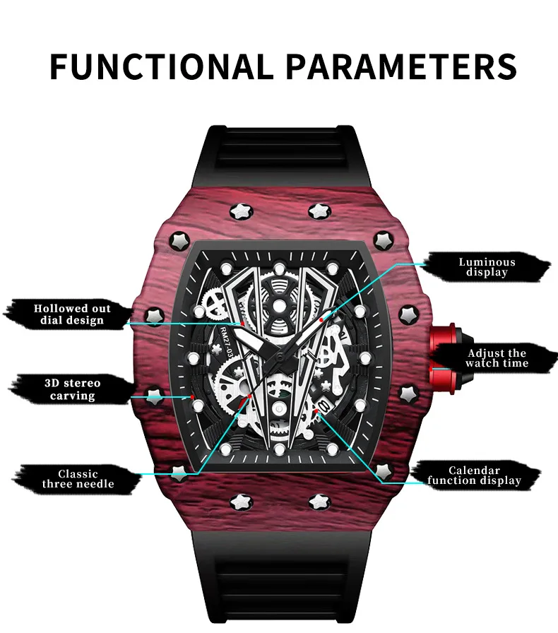 BINBOND 8577 Orologio da uomo Barilotto Specchio curvo Superficie cava Orologio sportivo impermeabile Orologio da uomo al quarzo in silicone