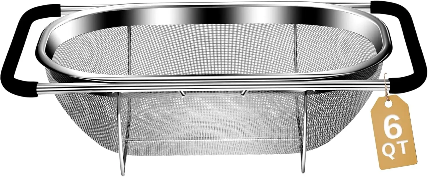 

Раздвижной дуршлаг для раковины - 6QT, из нержавеющей стали, с резиновой ручкой, для фруктов, овощей, пасты