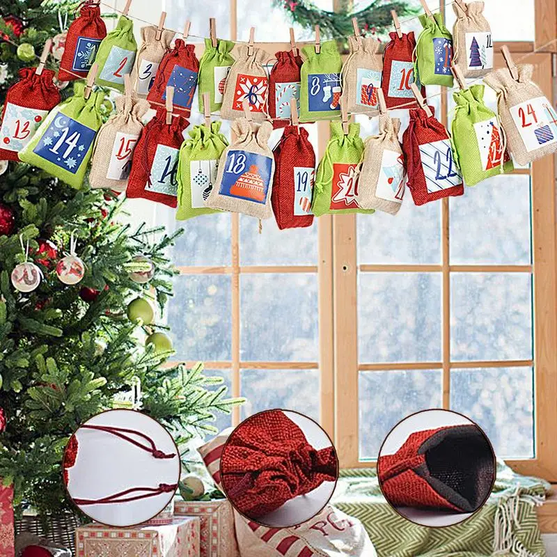 Christmas Advent Calendar Bags 2024 Burlap Bag Advent Calendar 24X Countdown Drawstring Bags Bulk For Candy Snack Cookie Food