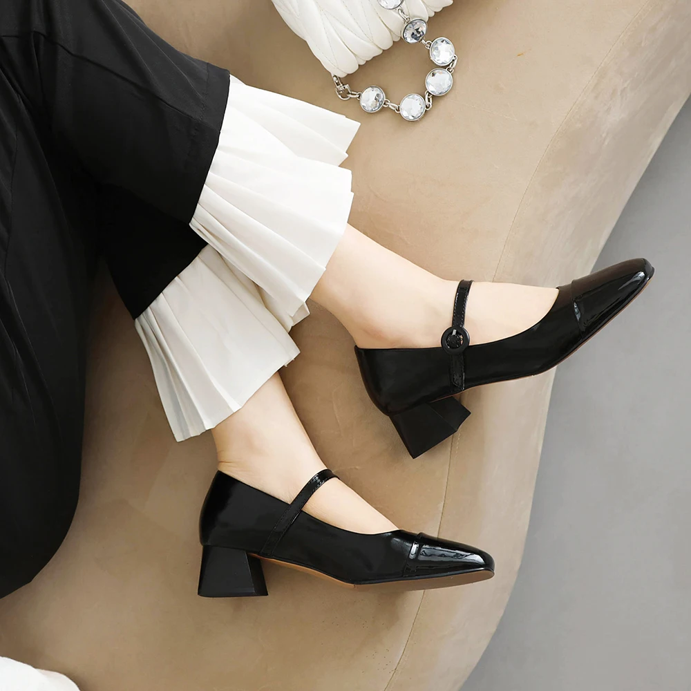 2026 Autumn Women Pumps Geniune Leather 4CM Med Block Heels Lady Mary Janes Shoes Large Small Plus Size 11 31 45 48