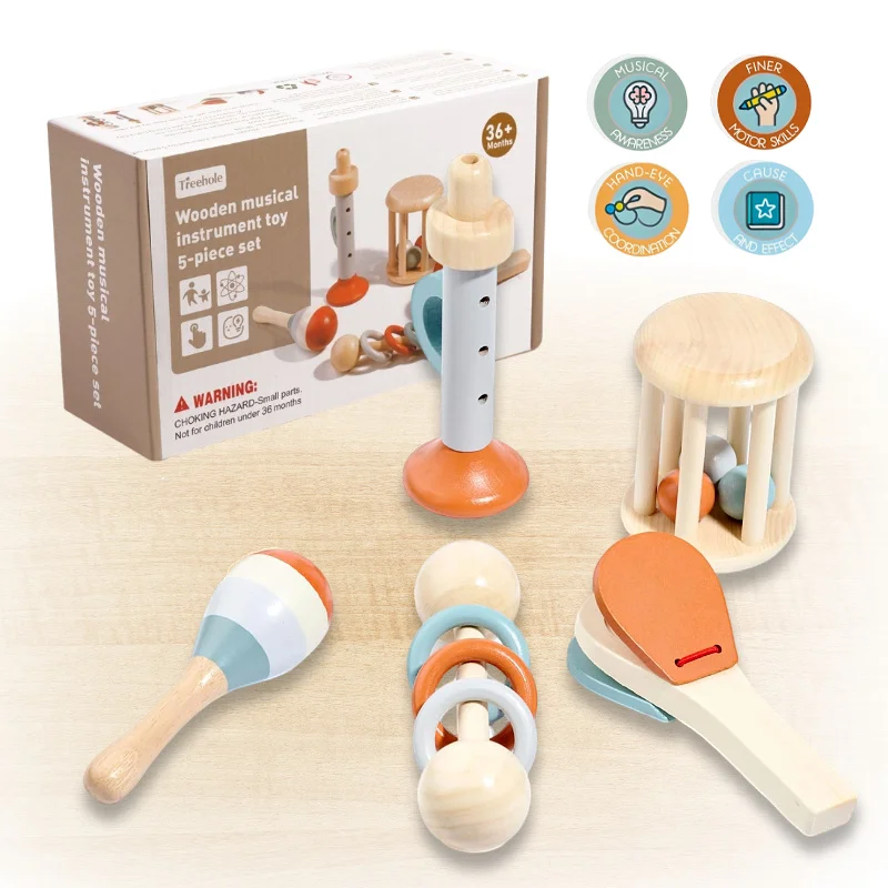 Chocalho infantil montessori de 5 peças e conjunto musical, brinquedo infantil de madeira, instrumentos de percussão para crianças, presente de aniversário pré-escolar