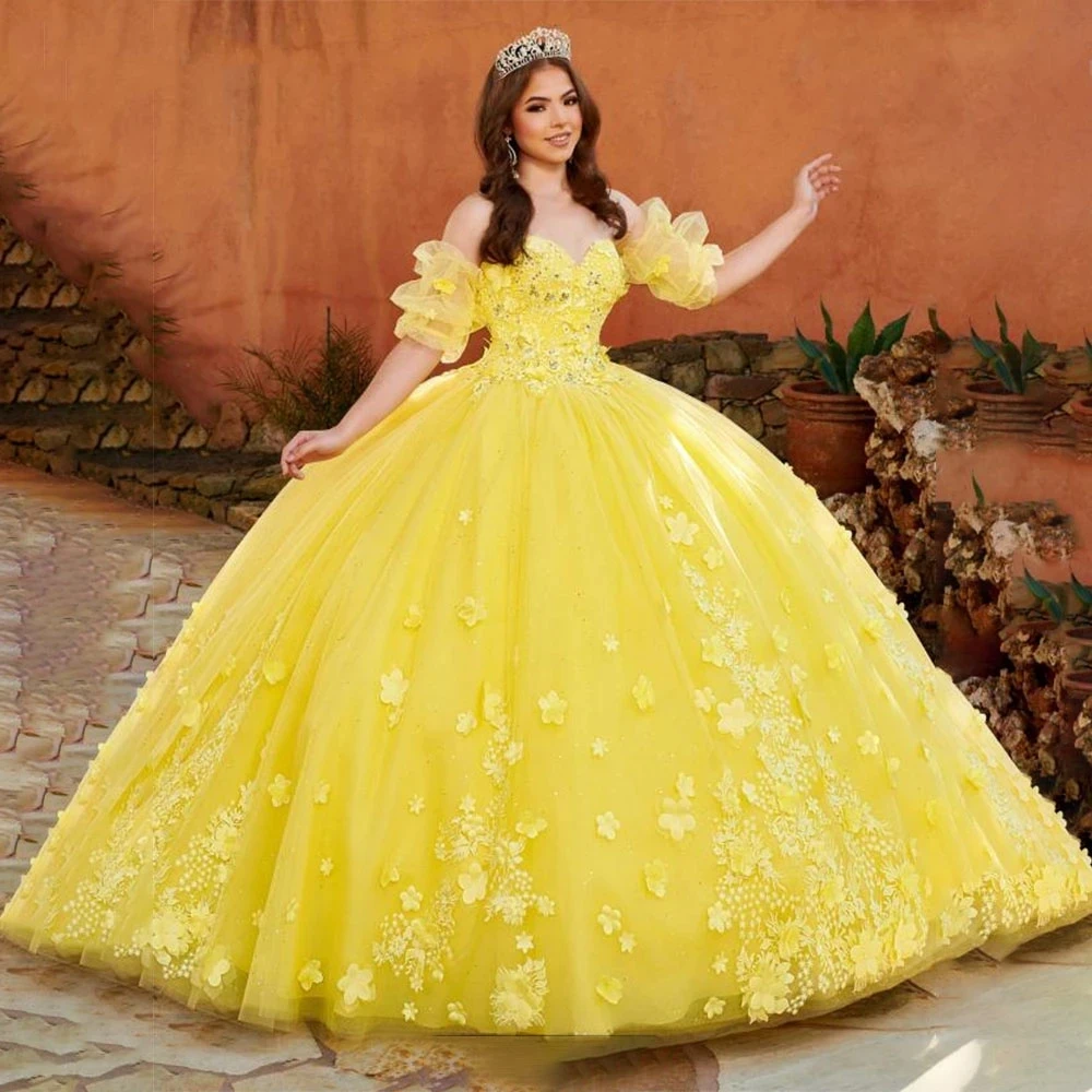 Lace Up Graduation Gowns, Requintado vestido de baile amarelo, Vestidos Quinceanera, Apliques Party Dress