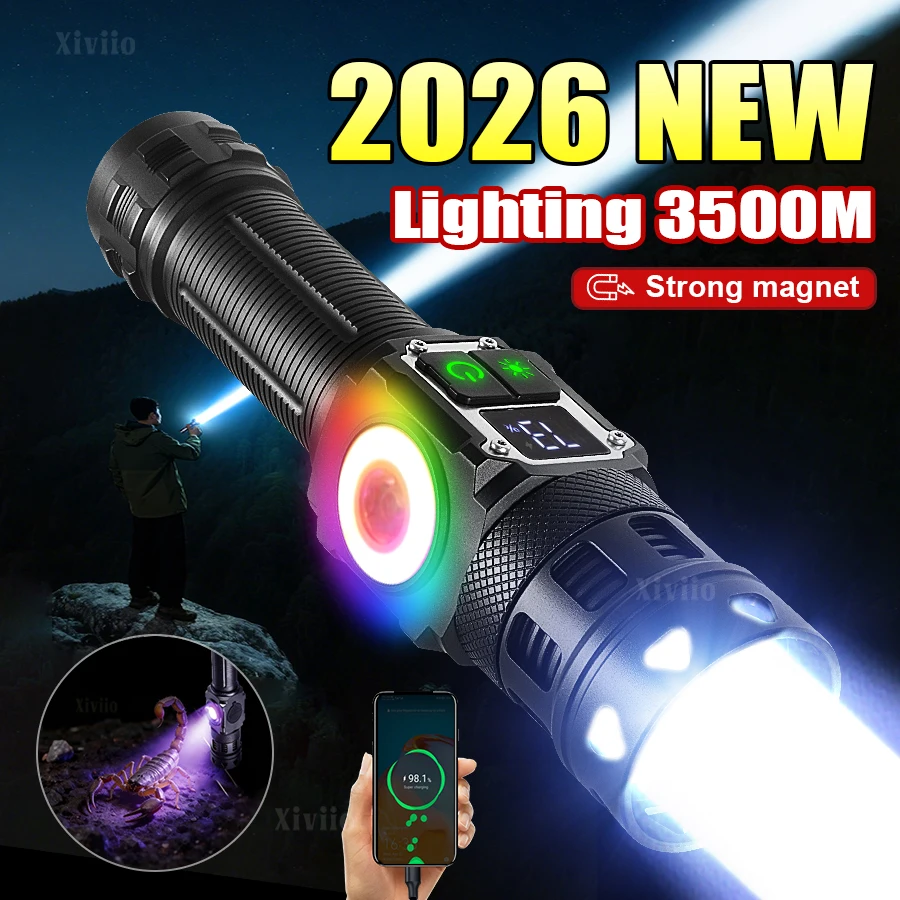 

2026 1000W Powerful Flashlight Long Range 3500M with Side Light Strong Magnetic Rechargeable Torch for Camping Hunting Emergency