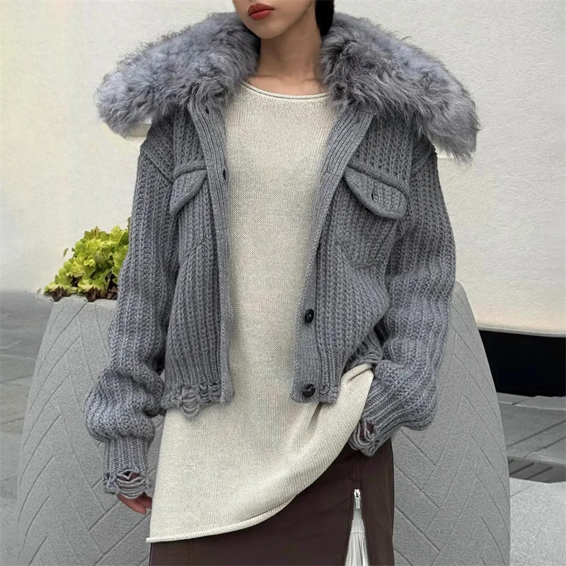 

Кардиган для женщин, новинка зимы 202, съемный воротник из меха енота, топ с длинными рукавами, шерстяной женский свитер, вязаное толстое пальто