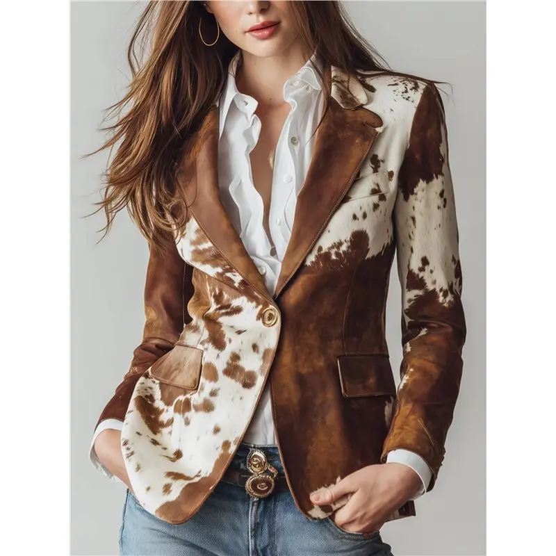 ABRT-Long-Sleeved Lapel Cow Print Cropped Jacket Button Down Blazer For Women Slim Fit Fall Outftis Brown Single Button M