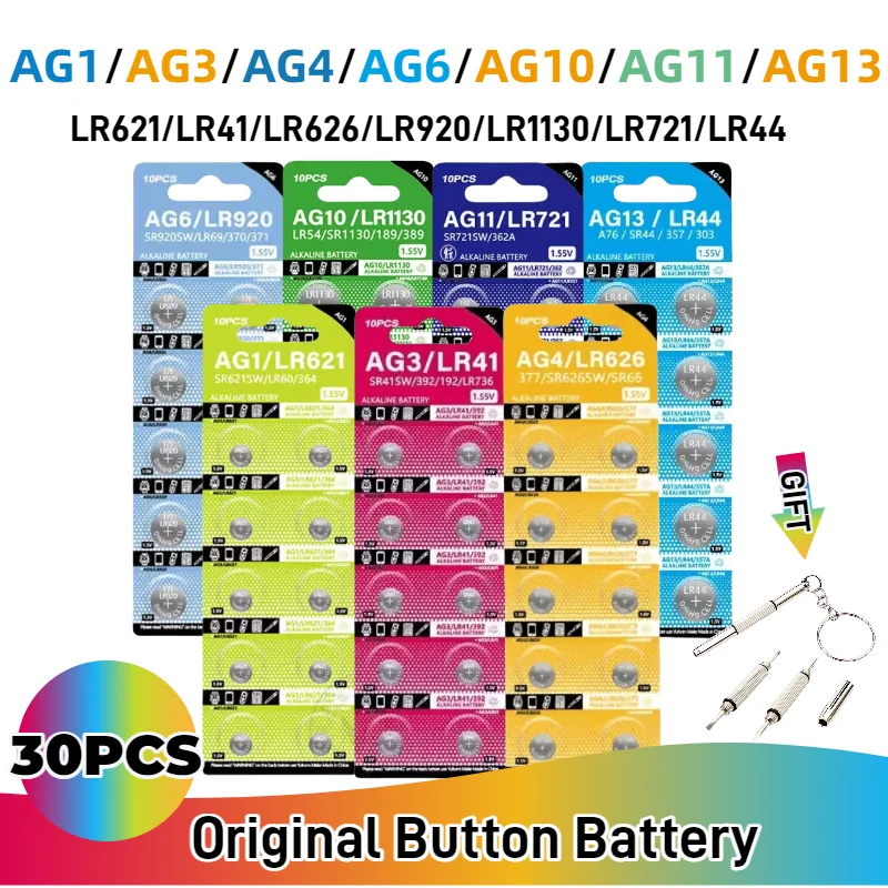 

30Pcs AG4 AG0 AG1 AG2 AG3 AG5 AG6 Button Cell Battery LR41 377 SR621SW 364 371 Alkaline Watch Battery for Clock Electronic Toys
