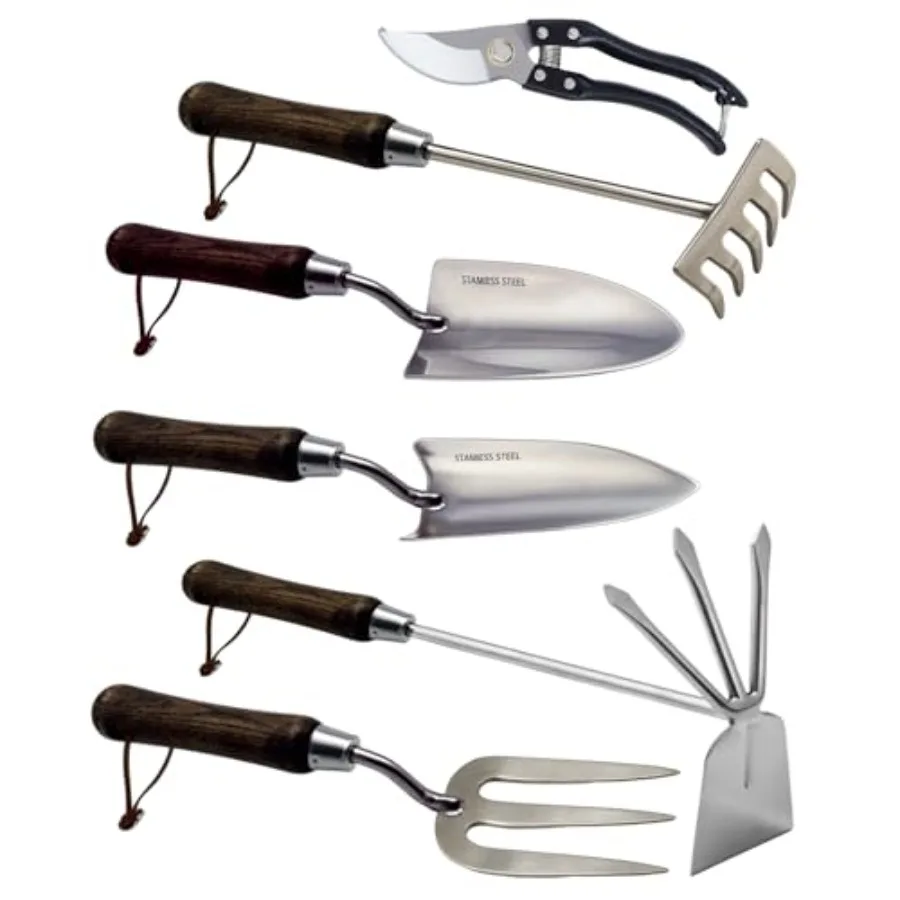 

Garden Tool Set, 6PCS Heavy Duty Stainless Steel Gardening Hand Tools with Ropes, Includes Hand Cultivator Shovel Trowel Transp