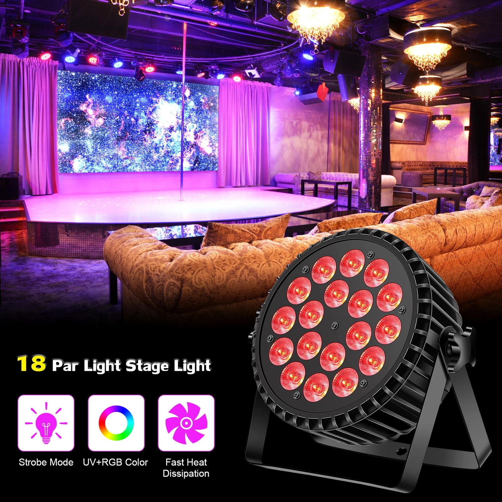 150W 4 Pcs RGB Par Light Stage Effect Light 18 LEDs Mixing Color Beam Light Par Light Strobe Uplight for DJ Wedding Celebration