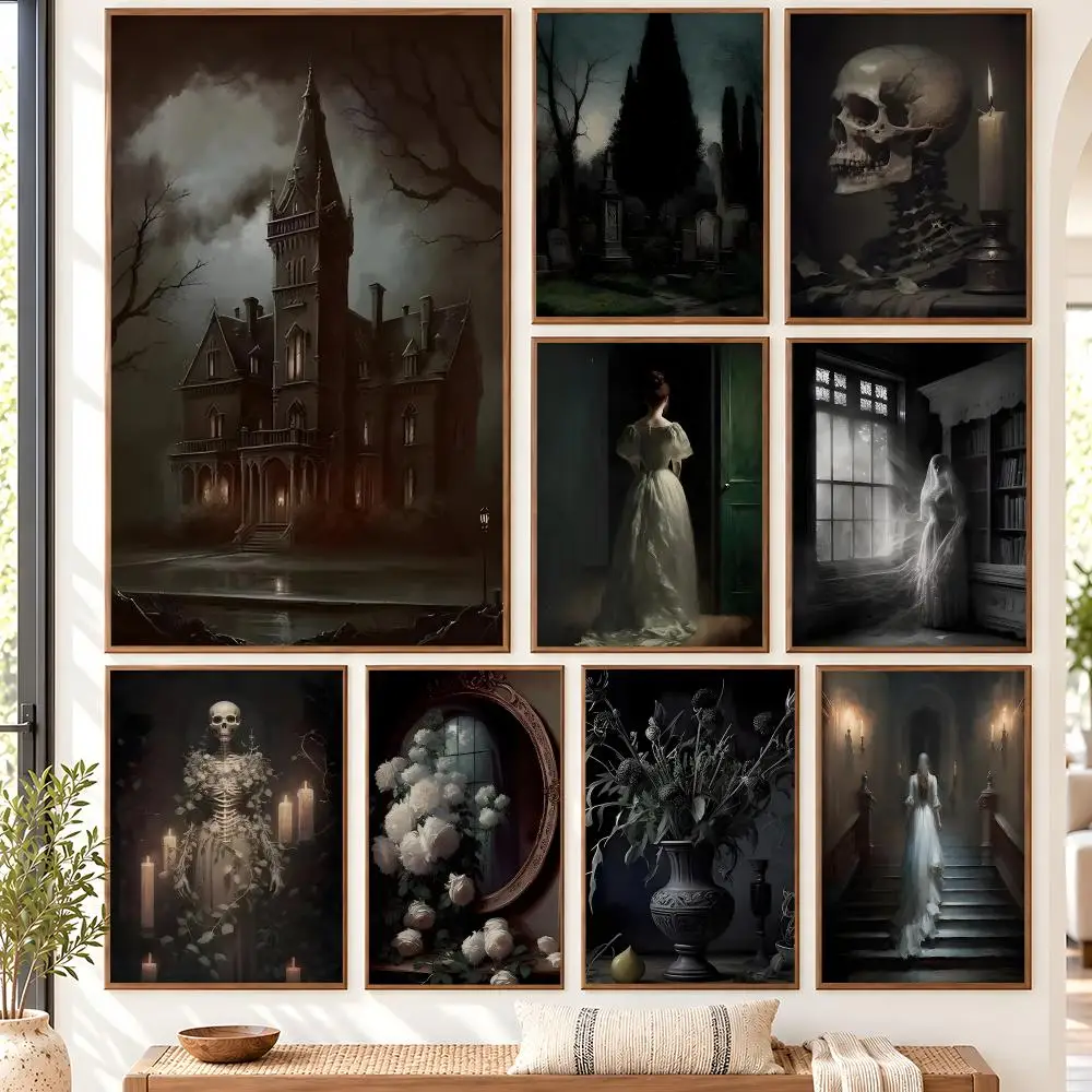 Dark Academia Gothic Haunted House Ghost Bride Skull Poster Self Adhesive Matte Wall Art Removable Home Room Decoration