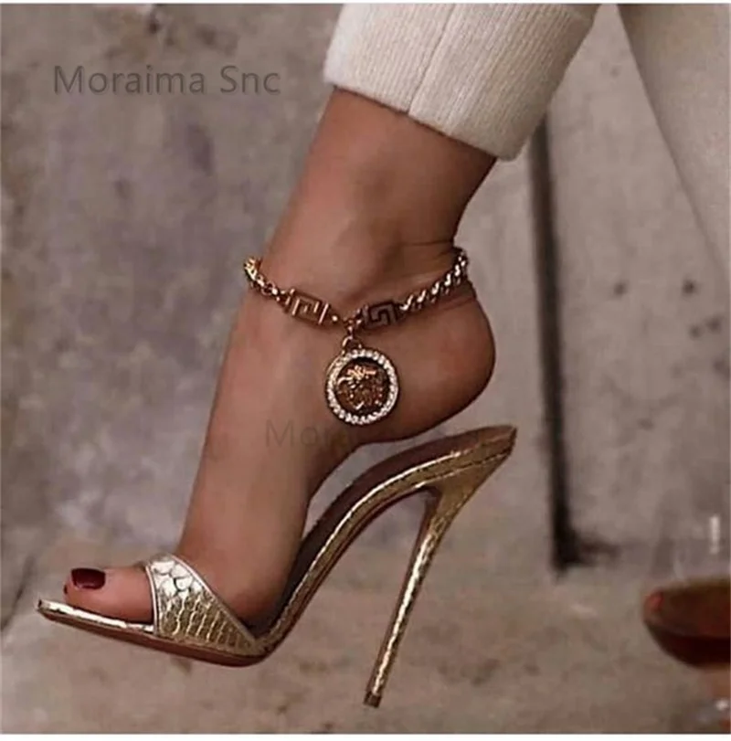 Gold Snake Pattern Stiletto Slippers for Women Open Pointed Toe Summer Fashion Style High Heels Pull On Slide Party Lady Shoes