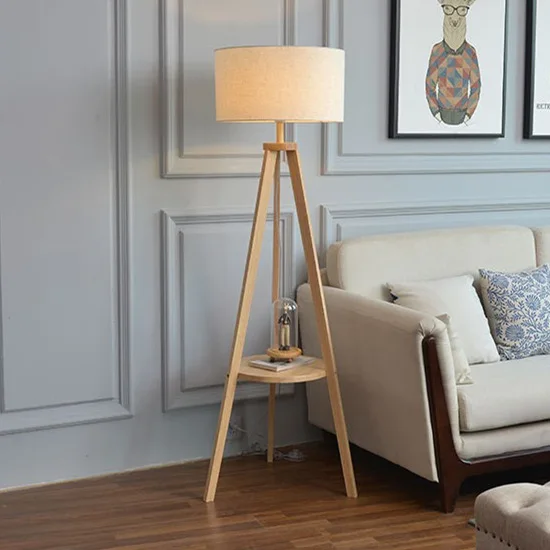 

Floor lamp next to the sofa Solid wood American retro bedroom Bedside table Shelf Integrated desk lamp